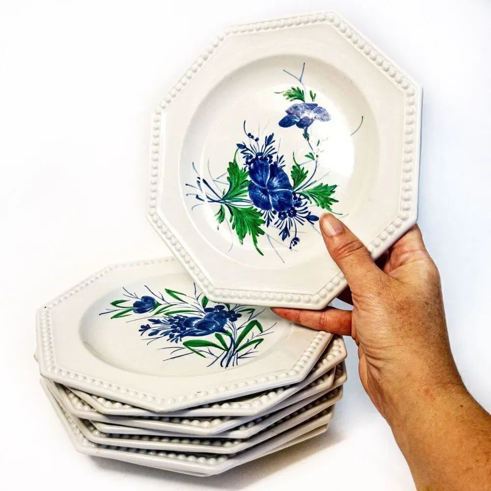 VTG Gialletti Pimpinelli Earthenware Plates Blue Floral Italy Set of 8